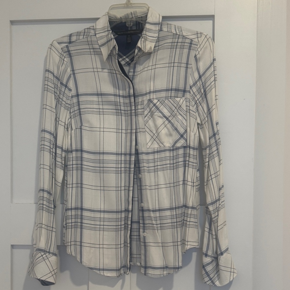 White House Black Market Blue and White Plaid Button Down Shirt